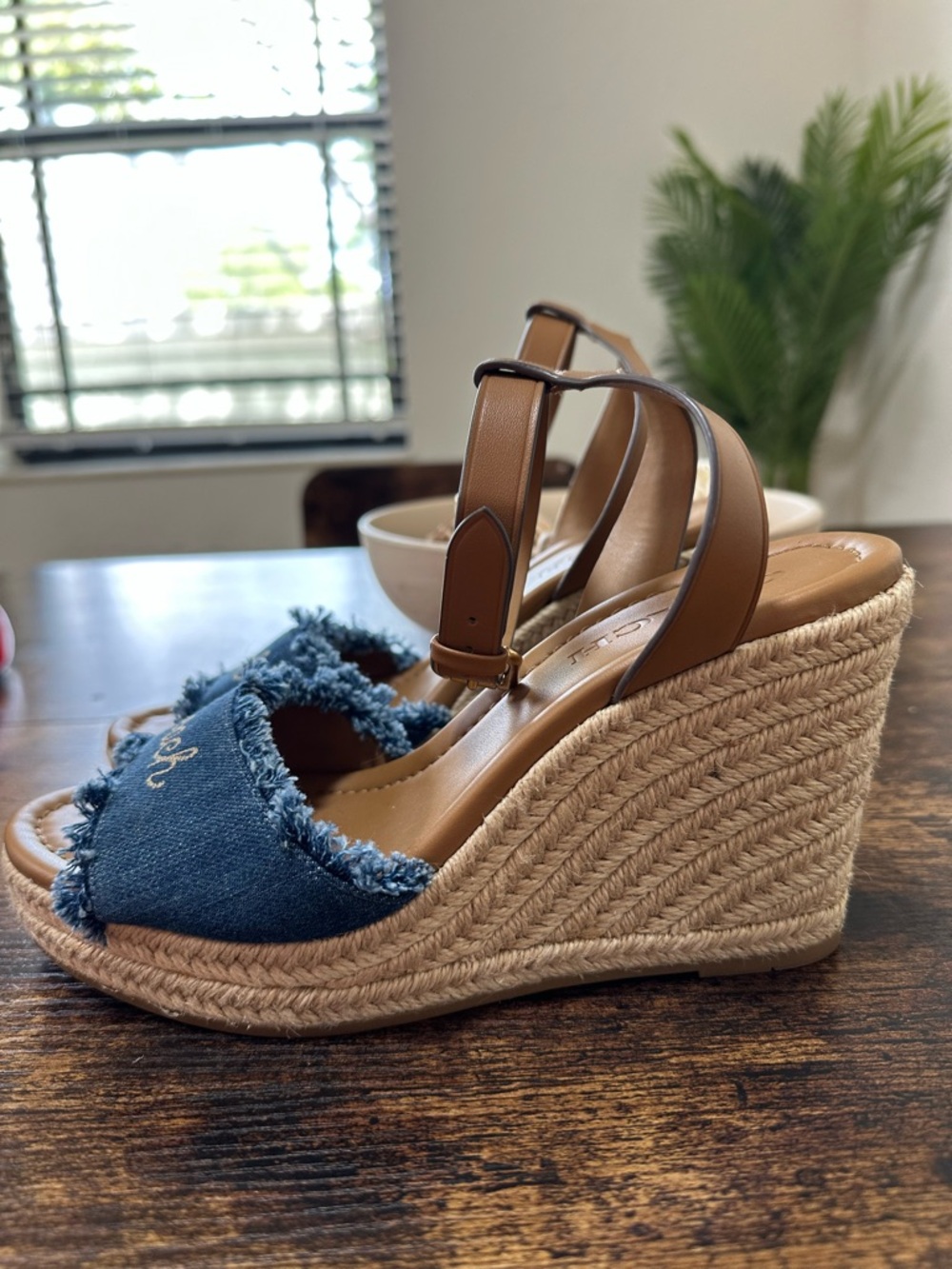 Coach Denim and Tan Espadrille Wedge Sandals